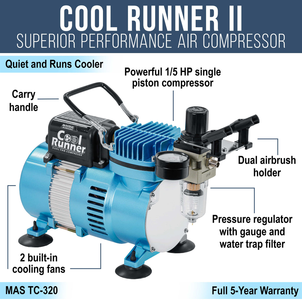 Air Brush Kit with Air Compressor TC-320, 1/5 HP Cool Runner II Dual Fan with Regulator, Water Trap & Holder