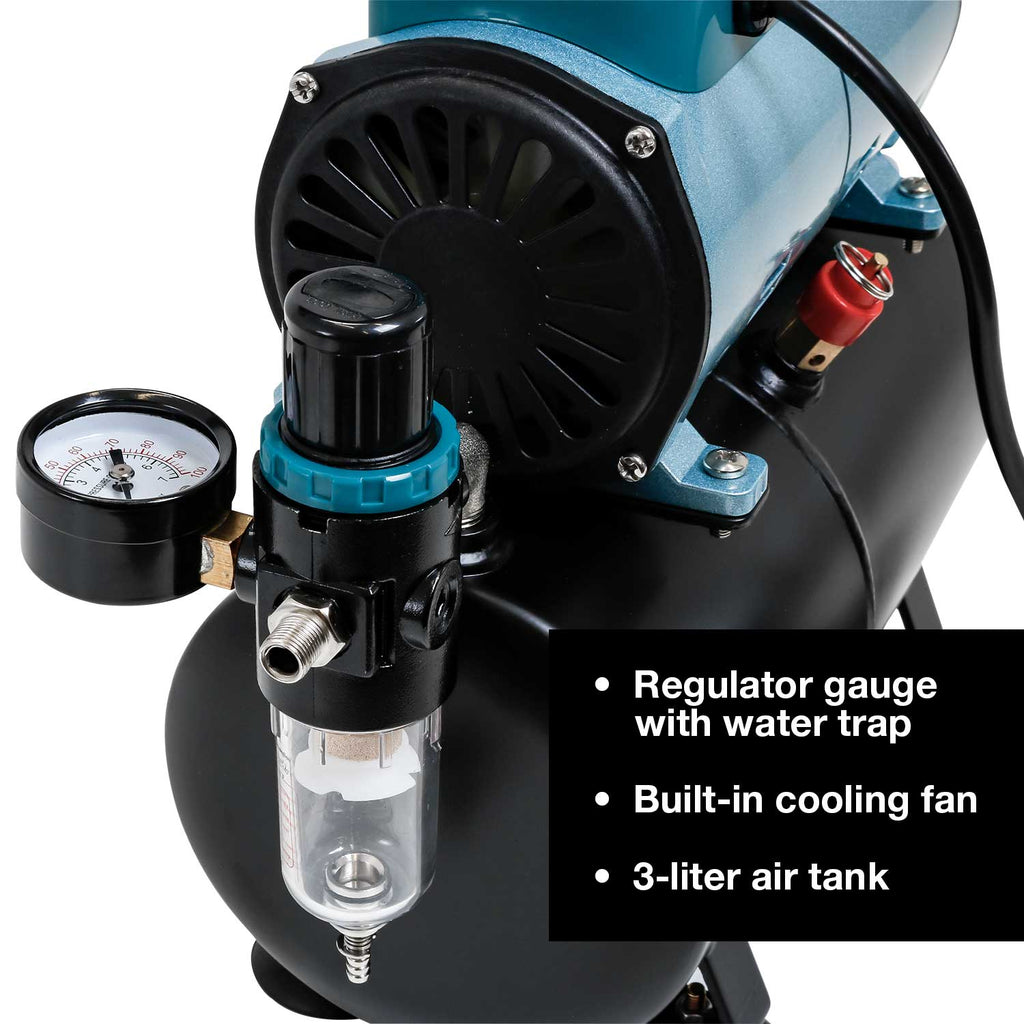 Model TC-40T Air Brush Compressor Kit - Cool Runner Professional Single-Piston Airbrush Compressor with 3-Liter Air Tank, Regulator
