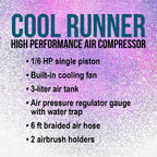 Model TC-40T Air Brush Compressor Kit - Cool Runner Professional Single-Piston Airbrush Compressor with 3-Liter Air Tank, Regulator
