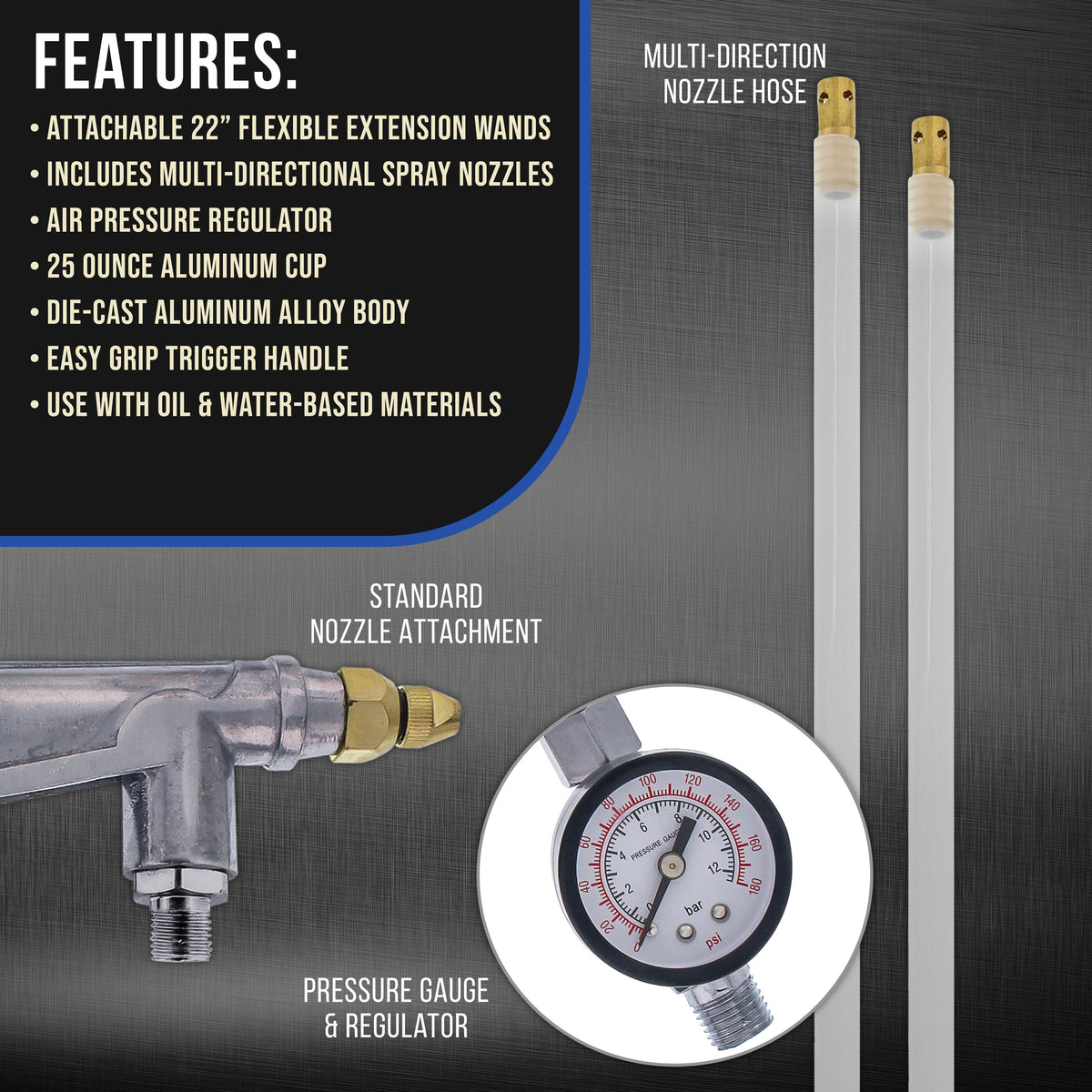 Undercoating Spray Gun with Regulator, 25 oz Suction Feed Cup & 2 Flexible Extension Wands - Pneumatic Automotive Application Sprayer
