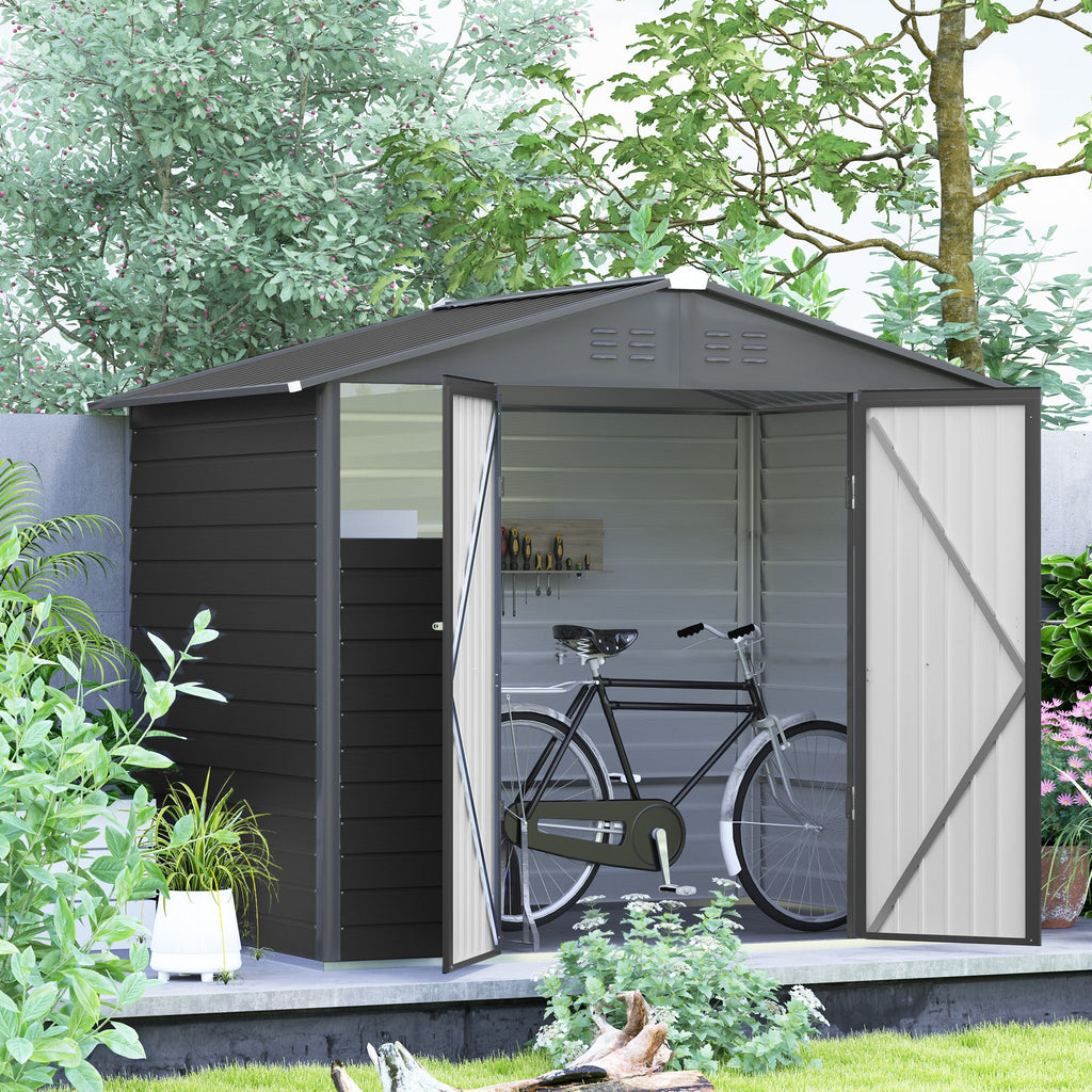 8' x 6' Galvanized Metal Garden Shed with 2 Windows, 4 Vents and Lockable Doors, Dark Grey