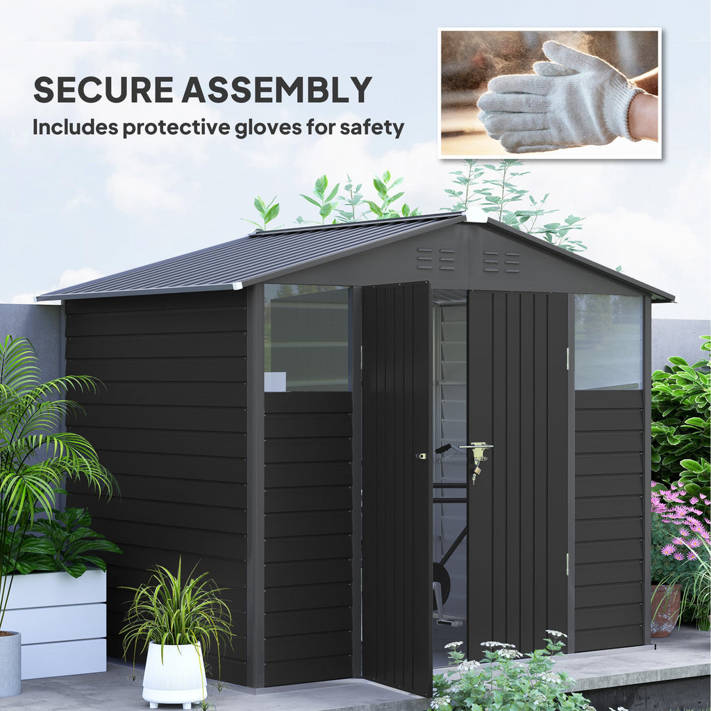 8' x 6' Galvanized Metal Garden Shed with 2 Windows, 4 Vents and Lockable Doors, Dark Grey