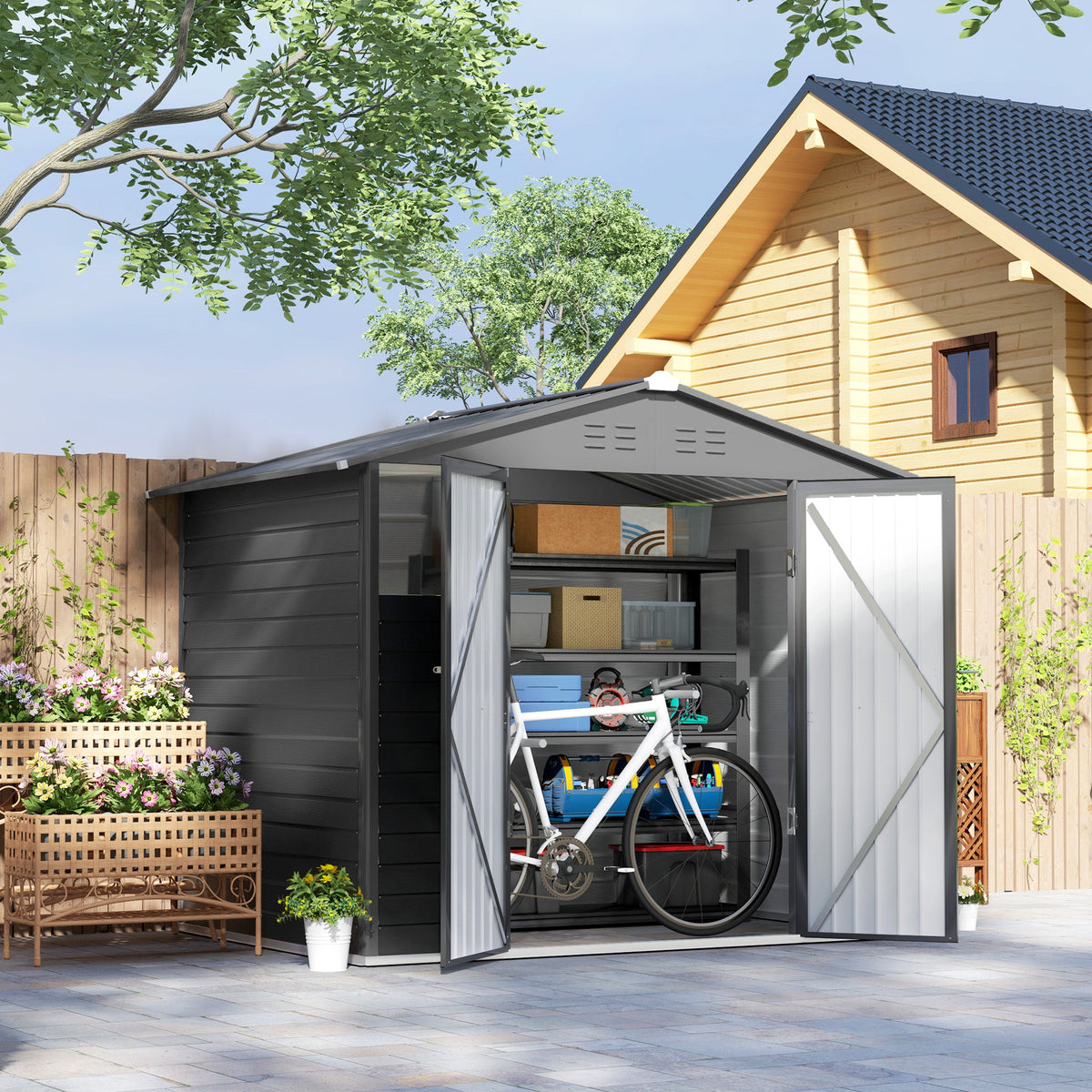 8' x 6' Galvanized Metal Garden Shed with 2 Windows, 4 Vents and Lockable Doors, Dark Grey