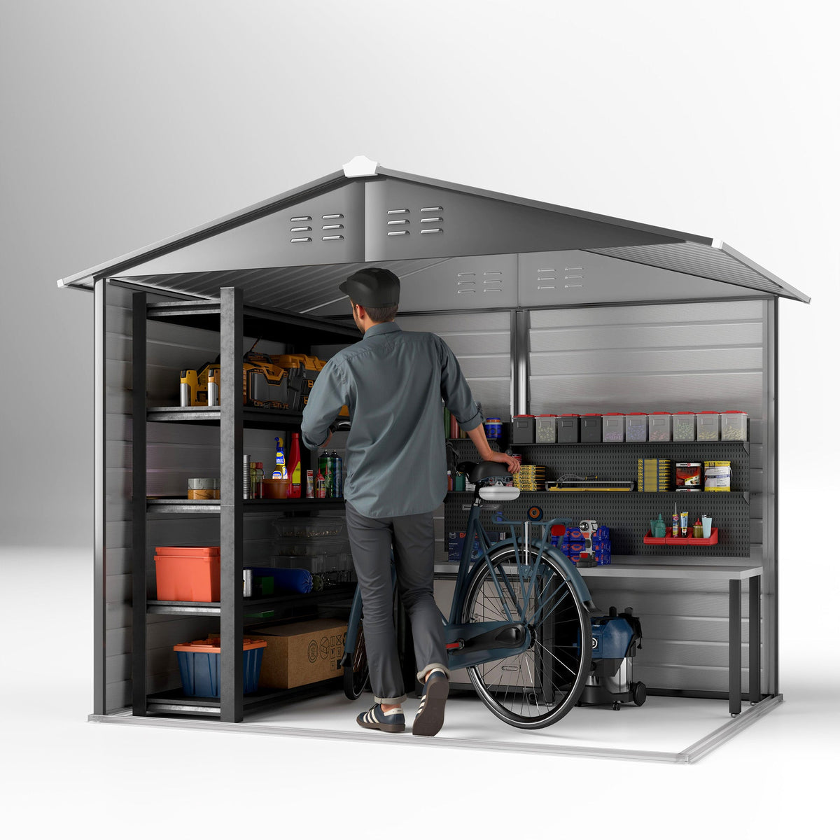 8' x 6' Galvanized Metal Garden Shed with 2 Windows, 4 Vents and Lockable Doors, Dark Grey