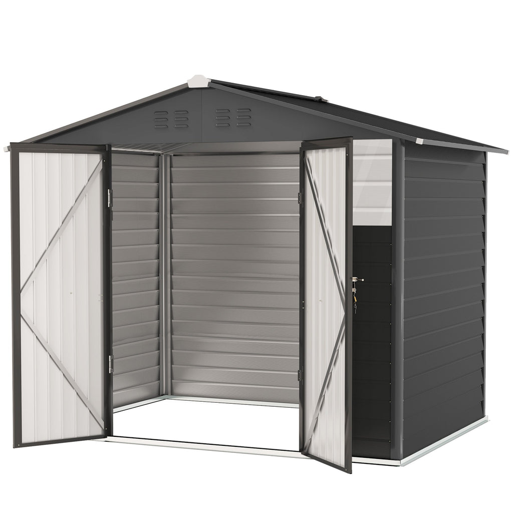 8' x 6' Galvanized Metal Garden Shed with 2 Windows, 4 Vents and Lockable Doors, Dark Grey