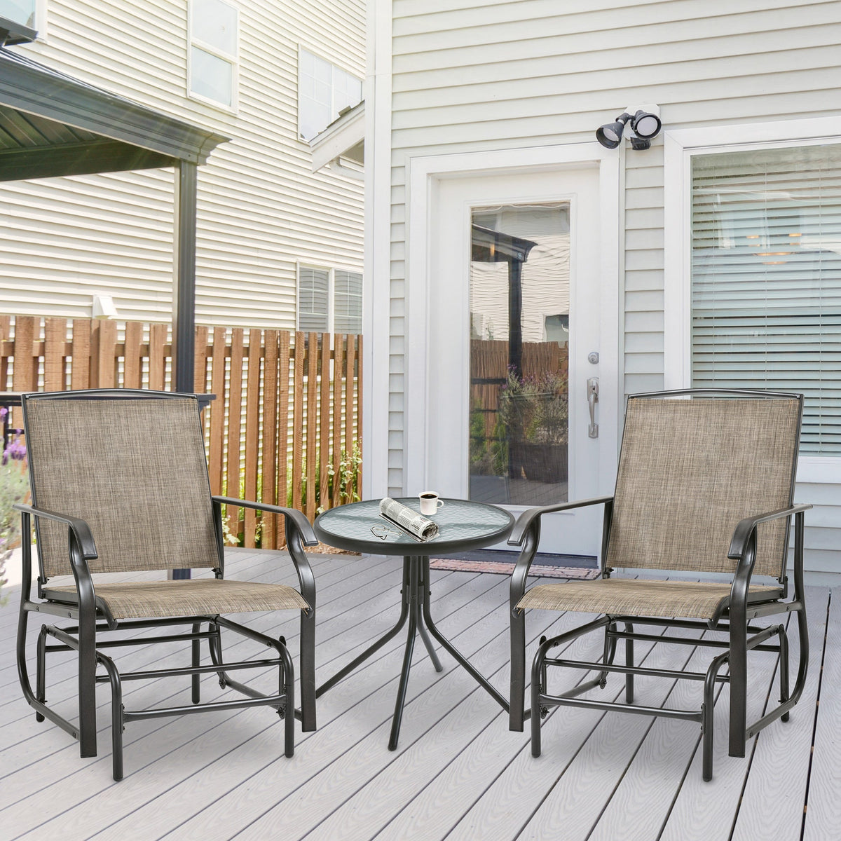 2 Pieces Outdoor Glider Rocking Chair Set with Breathable Mesh Fabric, Dark Brown