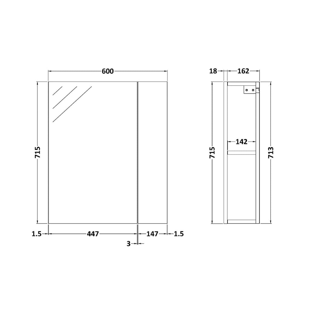 Zenith Non Illuminated Mirror Cabinet 75/25 - 713mm x 600mm - Gloss Grey