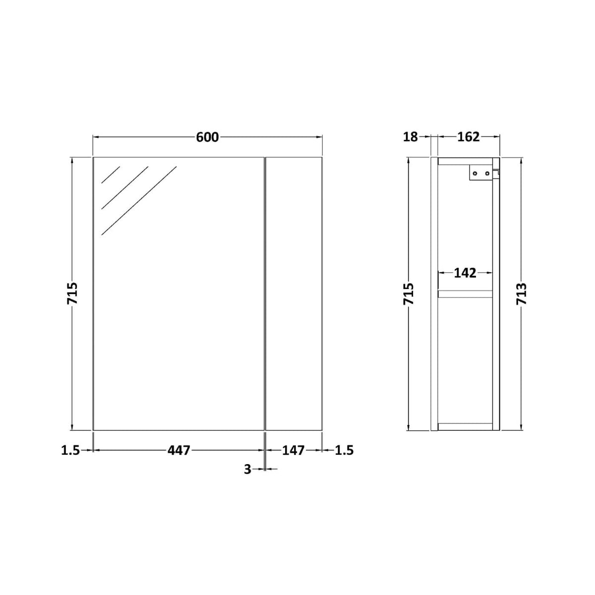 Zenith Non Illuminated Mirror Cabinet 75/25 - 713mm x 600mm - Gloss Grey