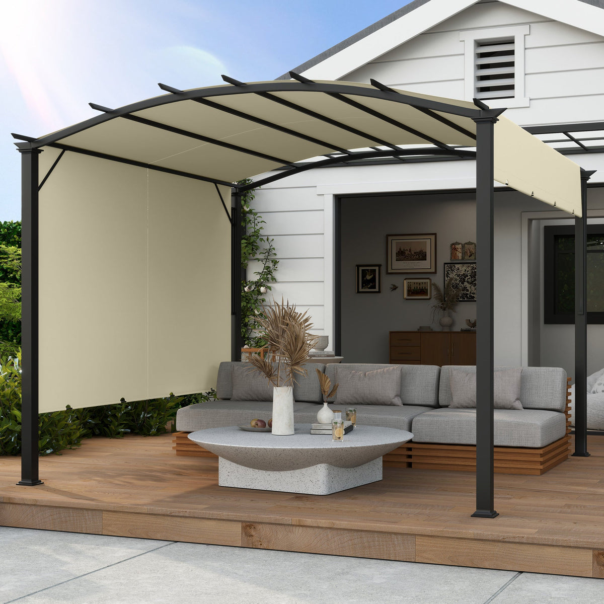 11' x 11' Retractable Pergola Canopy with Arched Metal Frame, Beige