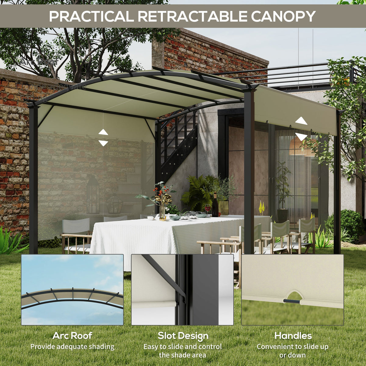 11' x 11' Retractable Pergola Canopy with Arched Metal Frame, Beige
