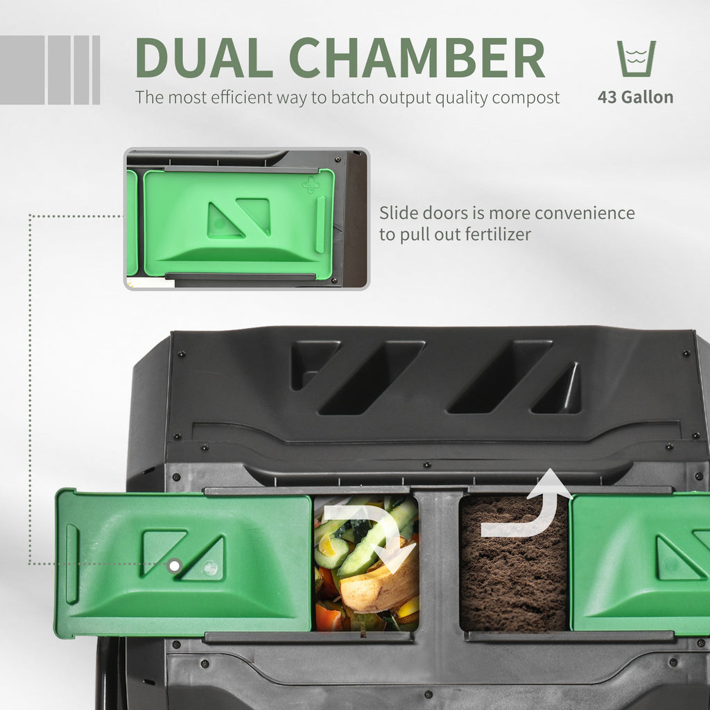 Tumbling Compost Bin Outdoor 360 Degrees Dual Chamber Rotating Composter 43 Gallon, Green
