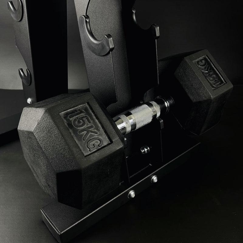 Muscle Motion 5 Pairs Rubber Hex Dumbbells (2.5kg - 12.5kg) with Rack