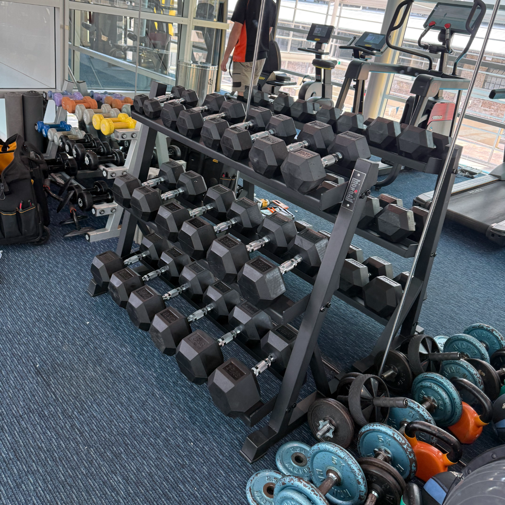 Muscle Motion 2.5kg - 25kg (10 pair) Rubber Hex Dumbbell Set with 3 Tier Rack