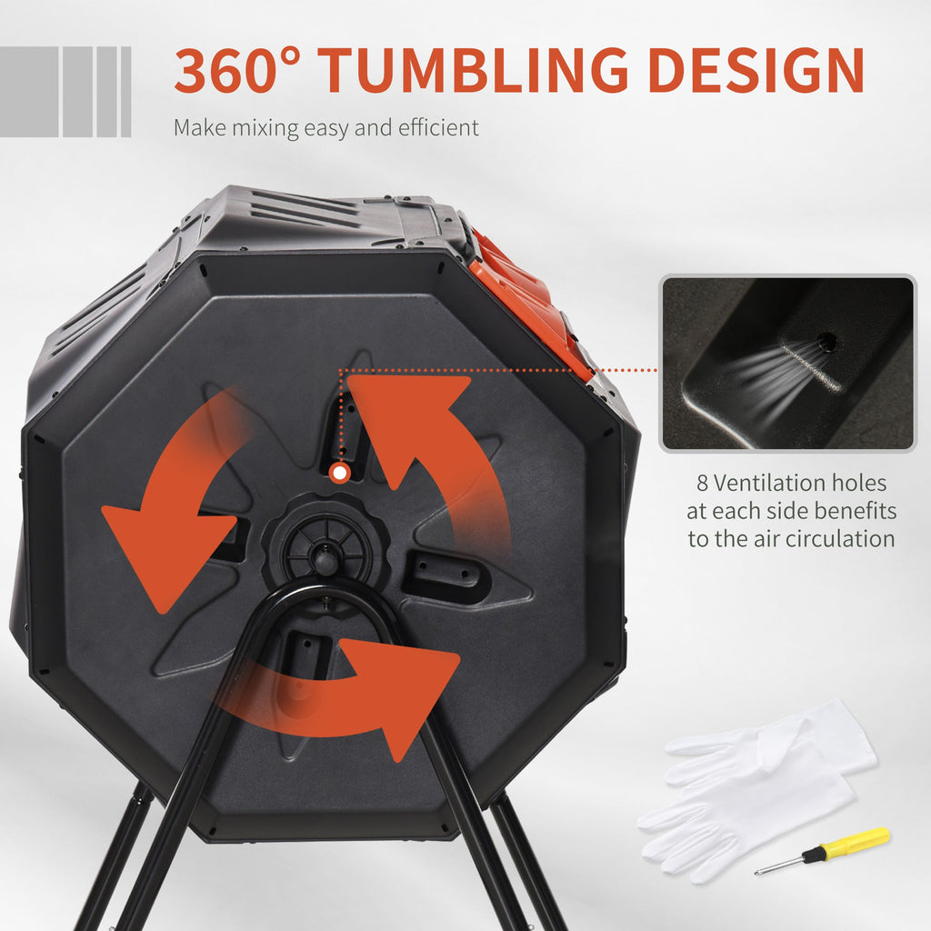 Tumbling Compost Bin Outdoor 360 Degrees Dual Chamber Rotating Composter 43 Gallon, Orange