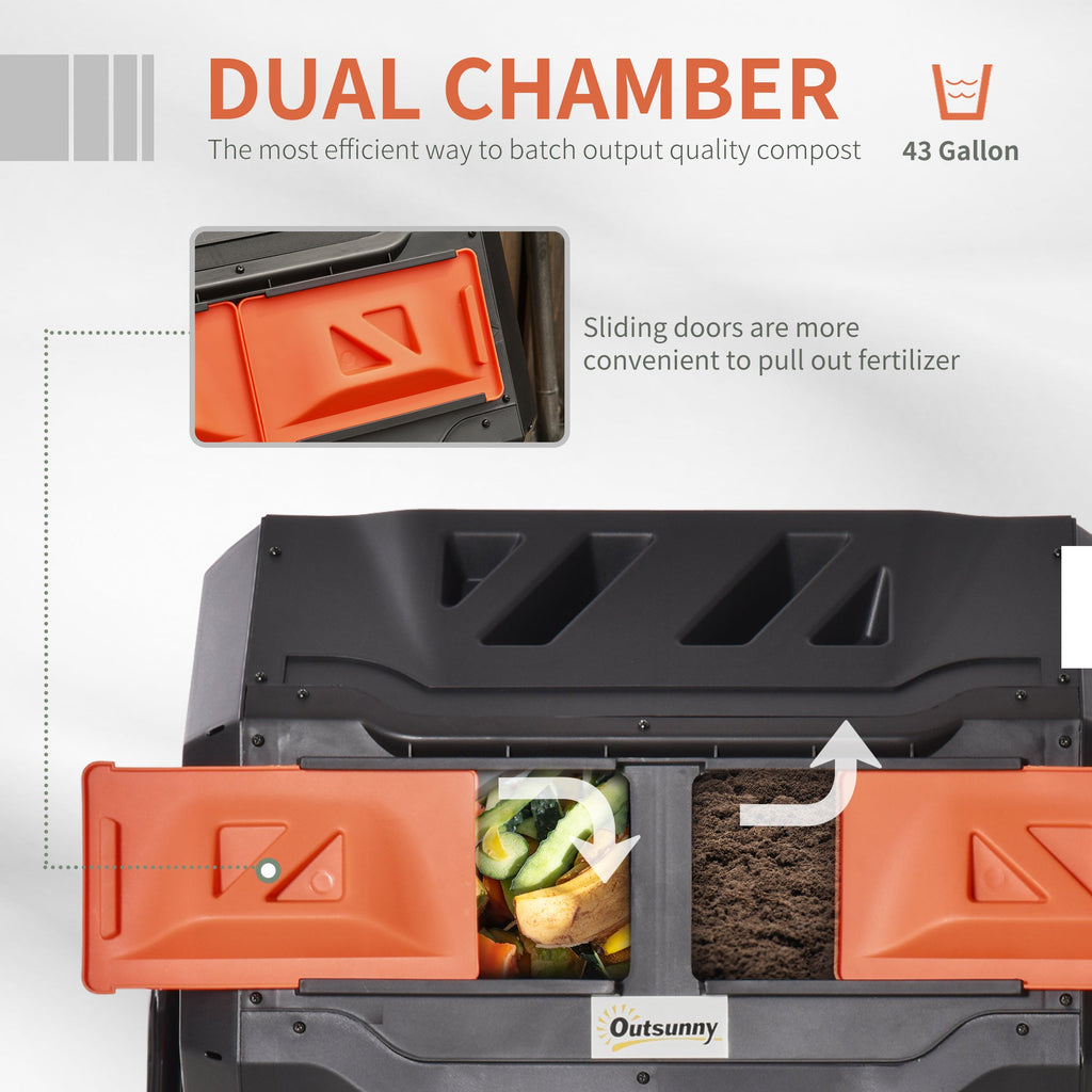 Tumbling Compost Bin Outdoor 360 Degrees Dual Chamber Rotating Composter 43 Gallon, Orange