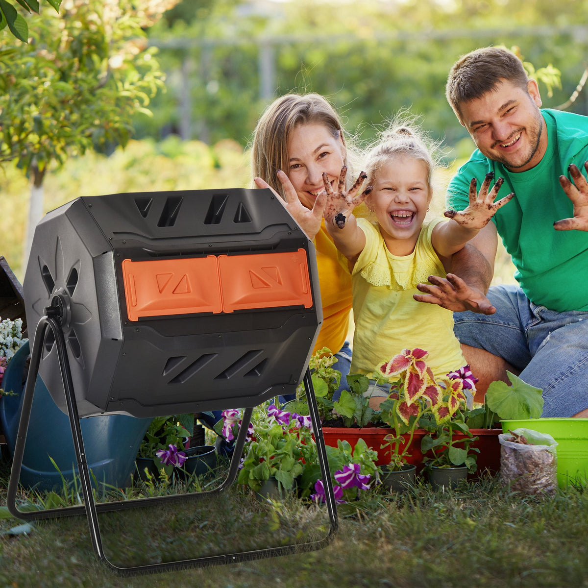 Tumbling Compost Bin Outdoor 360 Degrees Dual Chamber Rotating Composter 43 Gallon, Orange