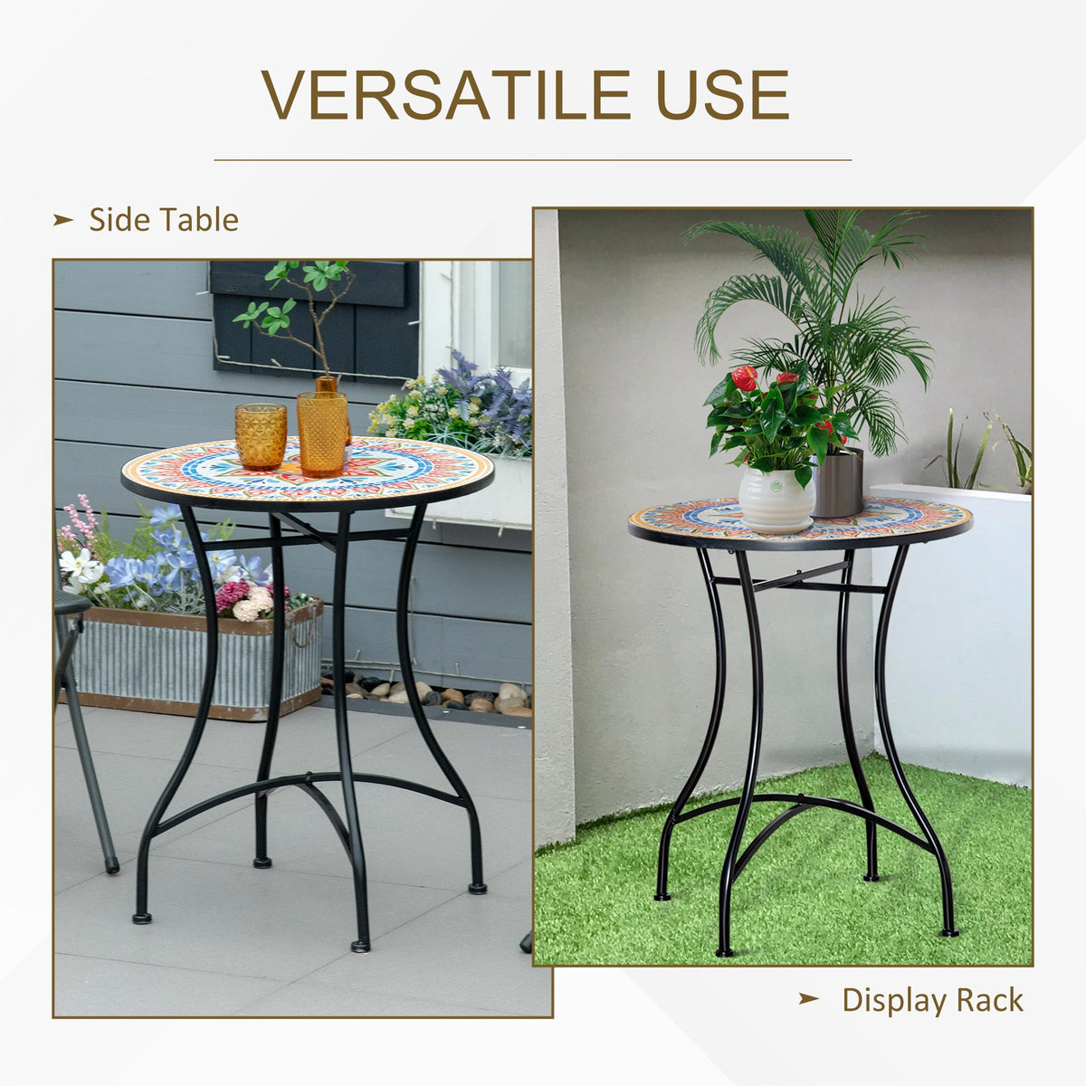 23.6" Mosaic Round Patio Coffee Table with Metal Frame for Outdoor, Poolside, Red