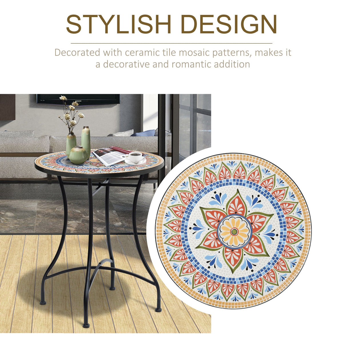23.6" Mosaic Round Patio Coffee Table with Metal Frame for Outdoor, Poolside, Red