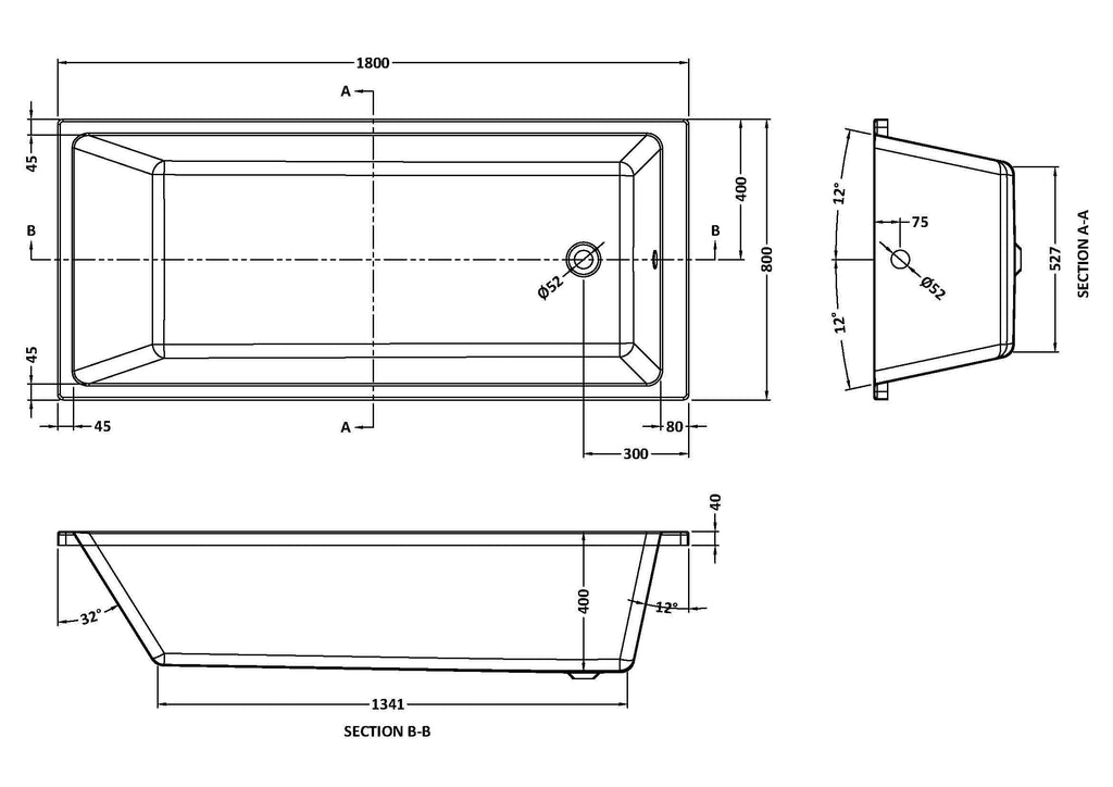 Terra Thin Edge Rectangular Single Ended Bath with Legs - White