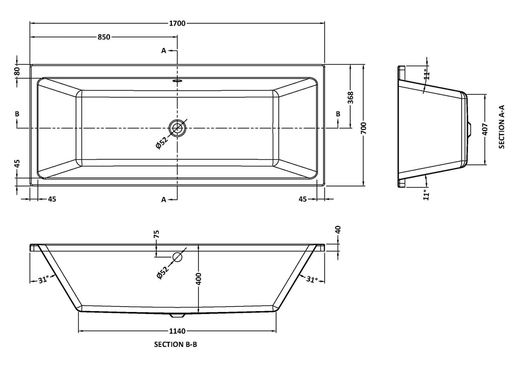 Origin Thin Edge Rectangular Double Ended Bath With Legs - White
