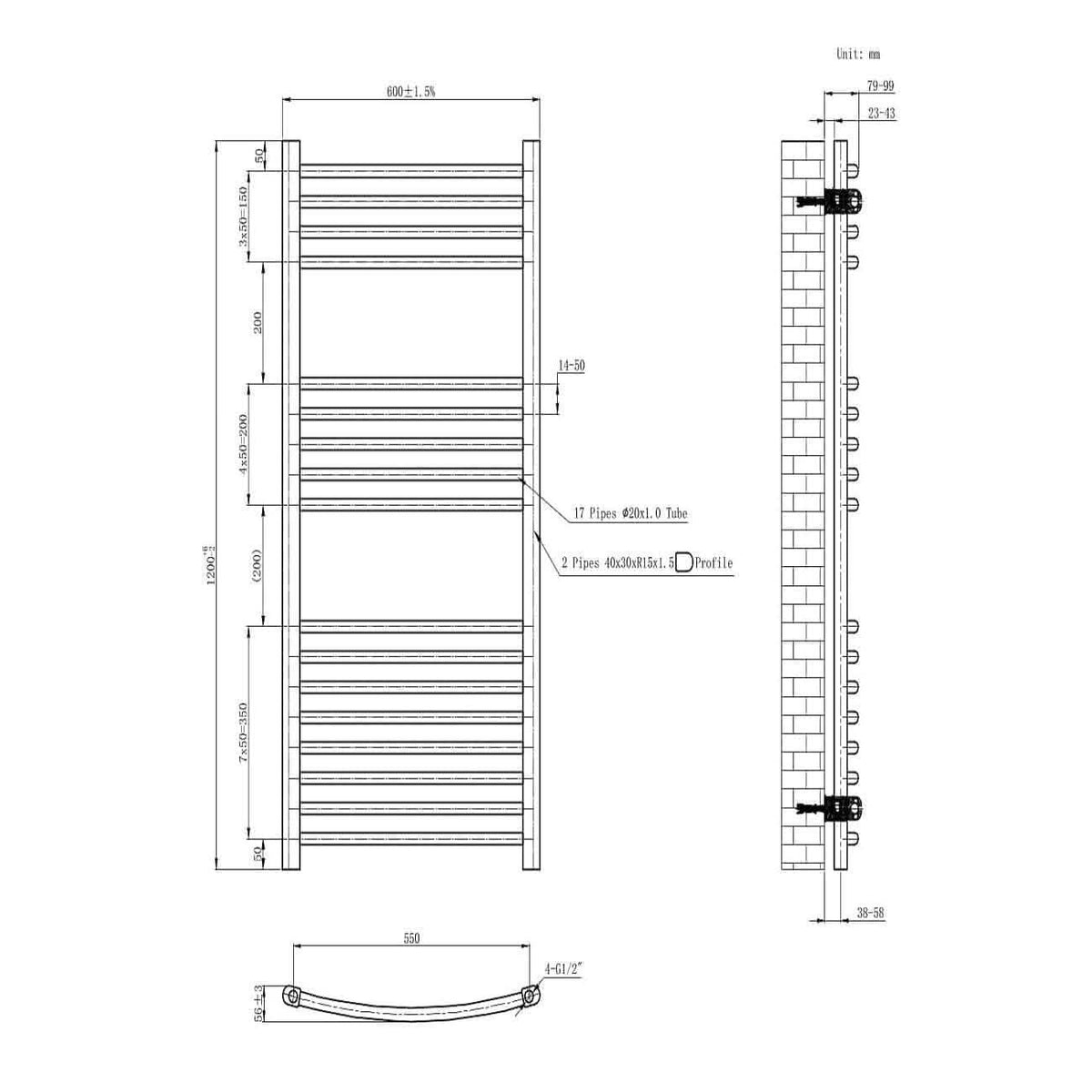 iBathUK Zypher Curved Heated Towel Rail Bathroom Radiator - Chrome