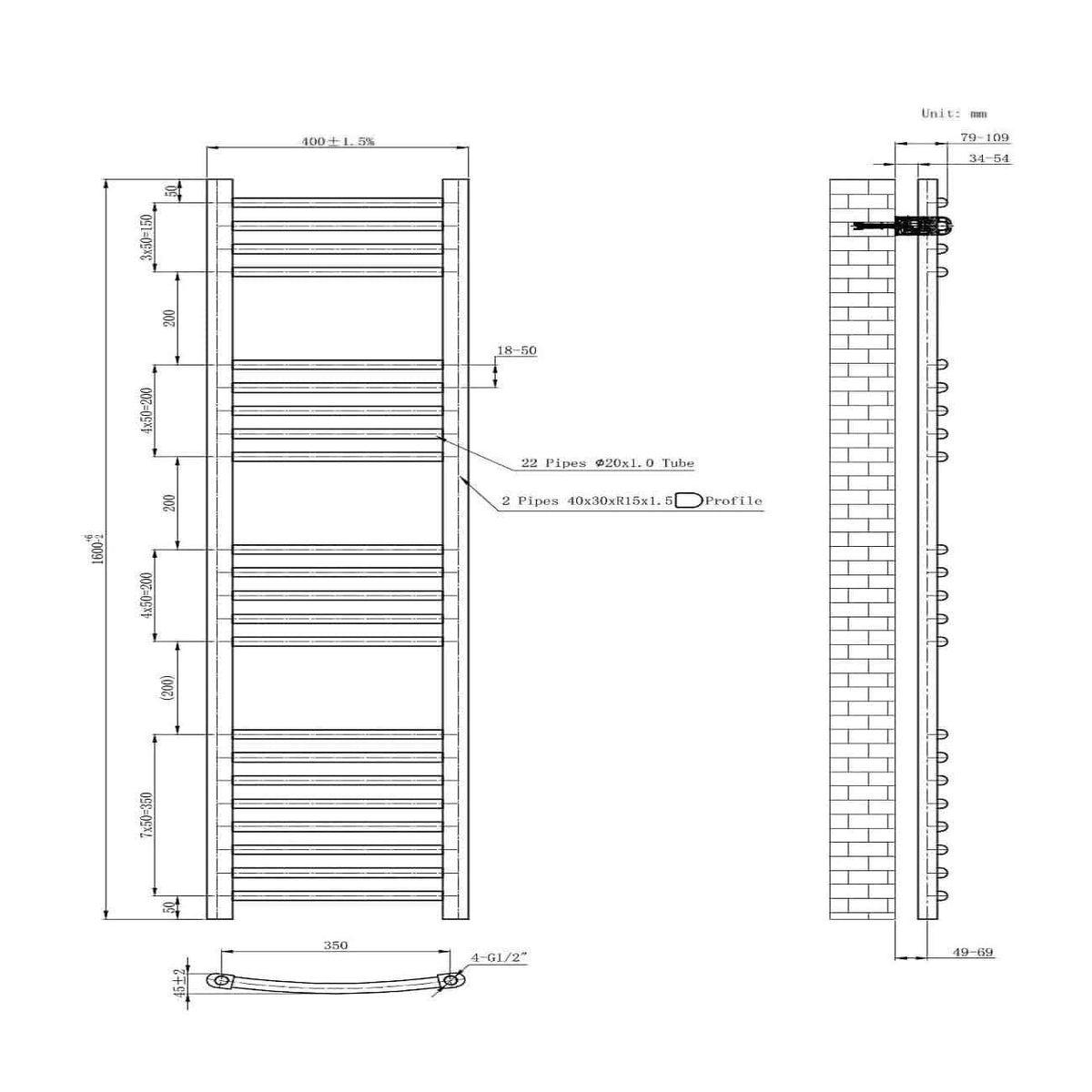 iBathUK Zypher Curved Heated Towel Rail Bathroom Radiator - Chrome