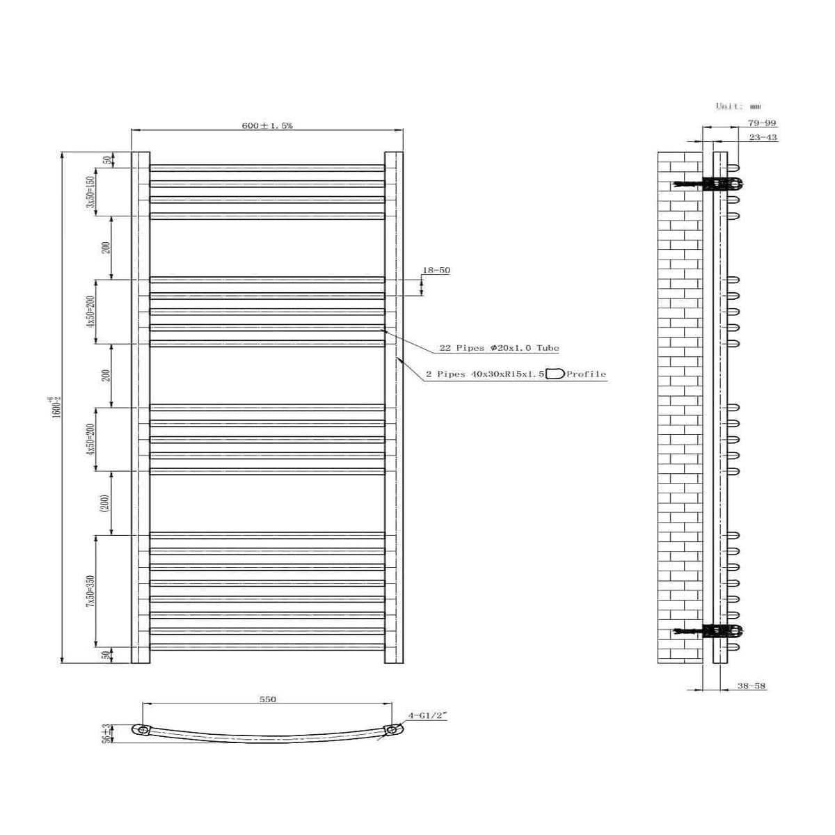 iBathUK Zypher Curved Heated Towel Rail Bathroom Radiator - Chrome