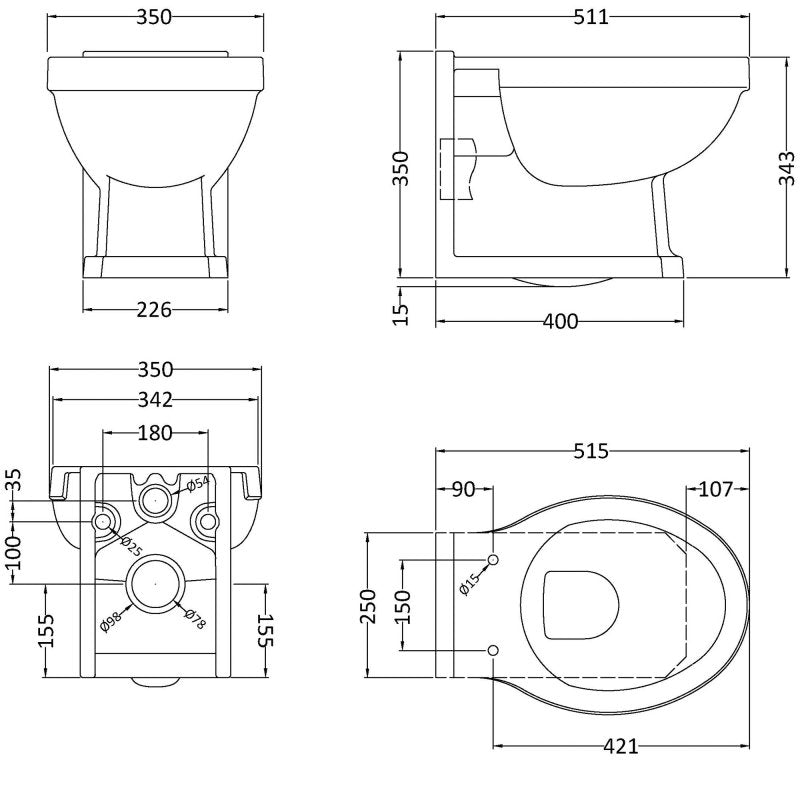 Hix Traditional Wall Hung Toilet With Seat - White