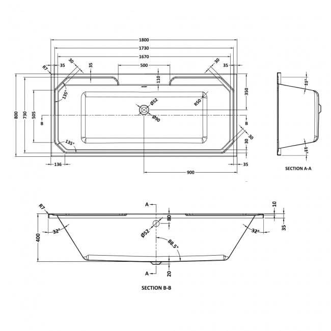 Elvora Rectangular Double Ended Bath With Legs - 1800mm x 800mm - White