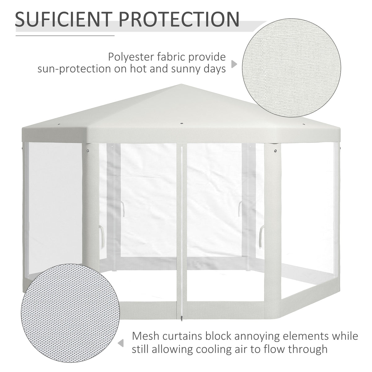 13' x 11' Hexagon Sun Shade Canopy with Protective Mesh Sidewalls, Ropes & Stakes, Cream