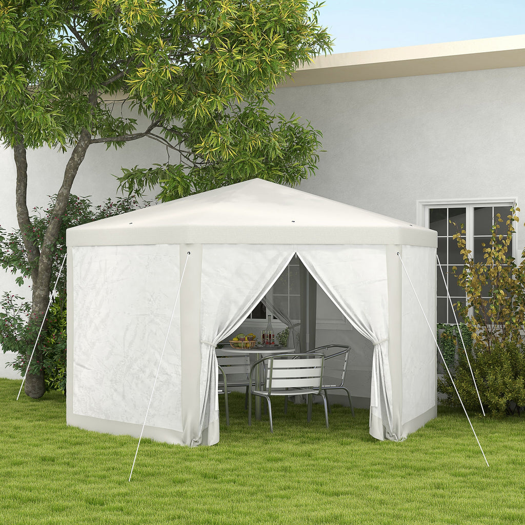 13' x 11' Hexagon Sun Shade Canopy with Protective Mesh Sidewalls, Ropes & Stakes, Cream