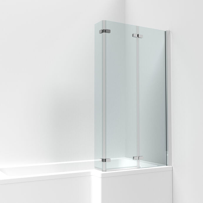 Aqua 6mm Glass L-Shaped Double Hinged Bath Screen - 1400mm x 812mm - Chrome