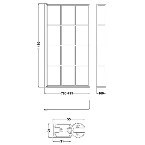 Willow Square 6mm Glass Framed Bath Screen with Fixed Return Panel - 1430mm x 795mm - Matt Black