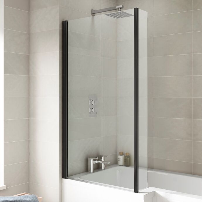 Prestige 6mm Glass L-Shaped Hinged Bath Screen with Fixed Return Panel - 1430mm x 795mm