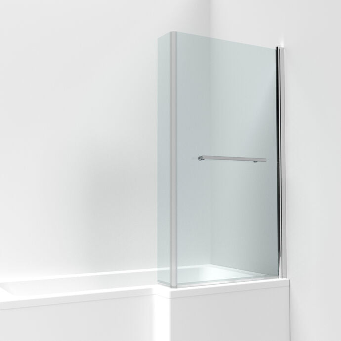 Alvero 6mm Glass L-Shaped Hinged Bath Screen with Fixed Return Panel and Towel Rail - 1416mm x 815mm - Chrome