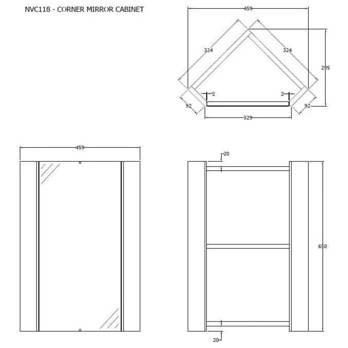 Element Non Iluminated Corner Mirror Cabinet - 650mm x 459mm - Gloss White