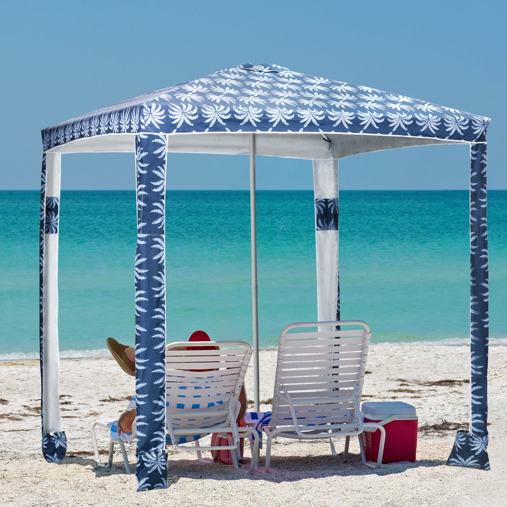 6.5' Beach Canopy Umbrella with UV50+ Protection & Sandbags, Easy Assembly, Blue Coconut Palm