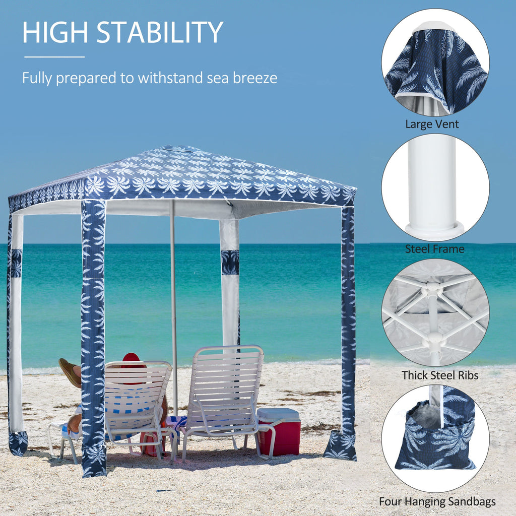 6.5' Beach Canopy Umbrella with UV50+ Protection & Sandbags, Easy Assembly, Blue Coconut Palm