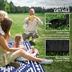 9' x 18' Reversible Waterproof Outdoor Rug with Carry Bag, Blue & White Square Patchwork Design