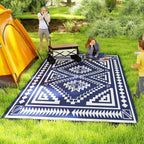9' x 18' Reversible Waterproof Outdoor Rug with Carry Bag, Blue & White Square Patchwork Design