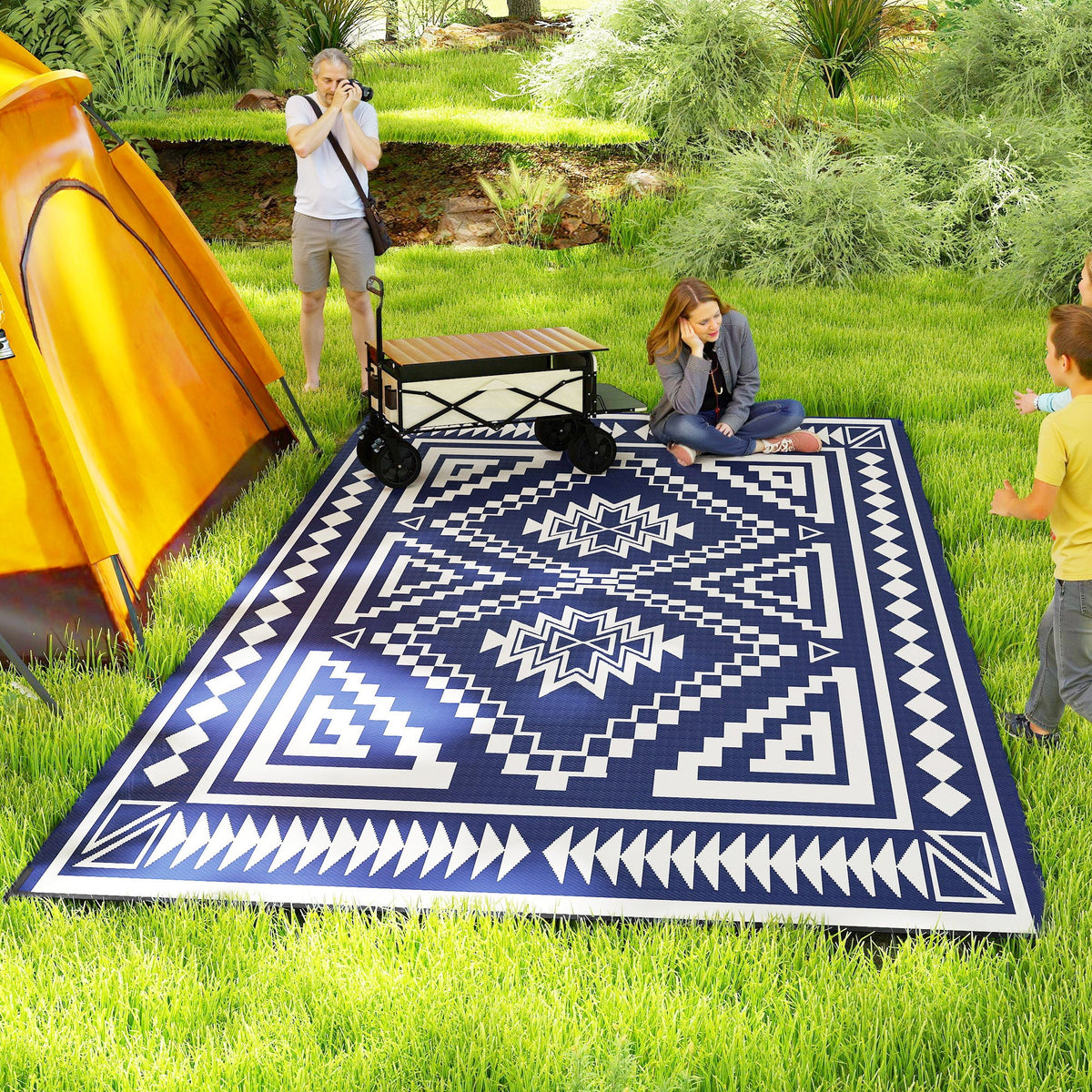 9' x 18' Reversible Waterproof Outdoor Rug with Carry Bag, Blue & White Square Patchwork Design