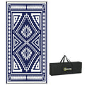 9' x 18' Reversible Waterproof Outdoor Rug with Carry Bag, Blue & White Square Patchwork Design