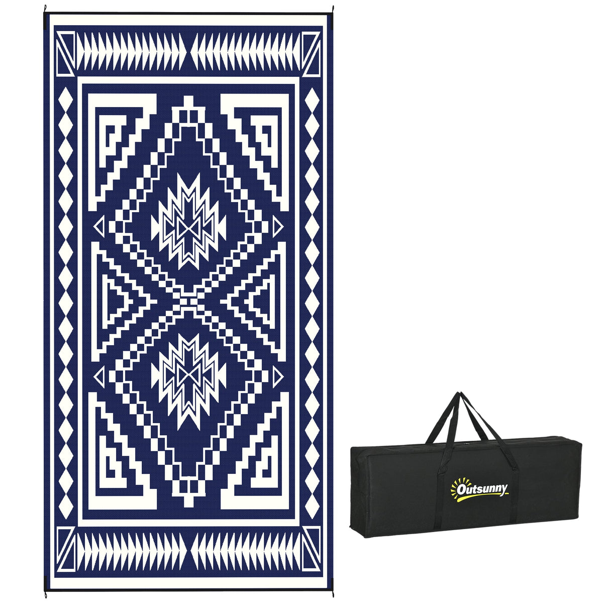 9' x 18' Reversible Waterproof Outdoor Rug with Carry Bag, Blue & White Square Patchwork Design