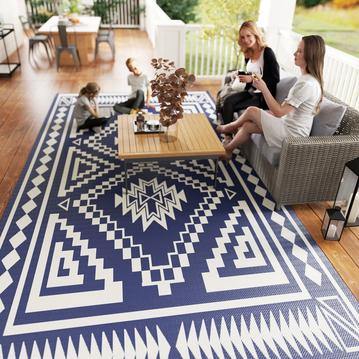 9' x 18' Reversible Waterproof Outdoor Rug with Carry Bag, Blue & White Square Patchwork Design