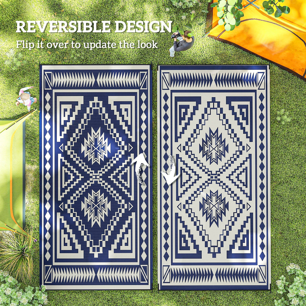 9' x 18' Reversible Waterproof Outdoor Rug with Carry Bag, Blue & White Square Patchwork Design