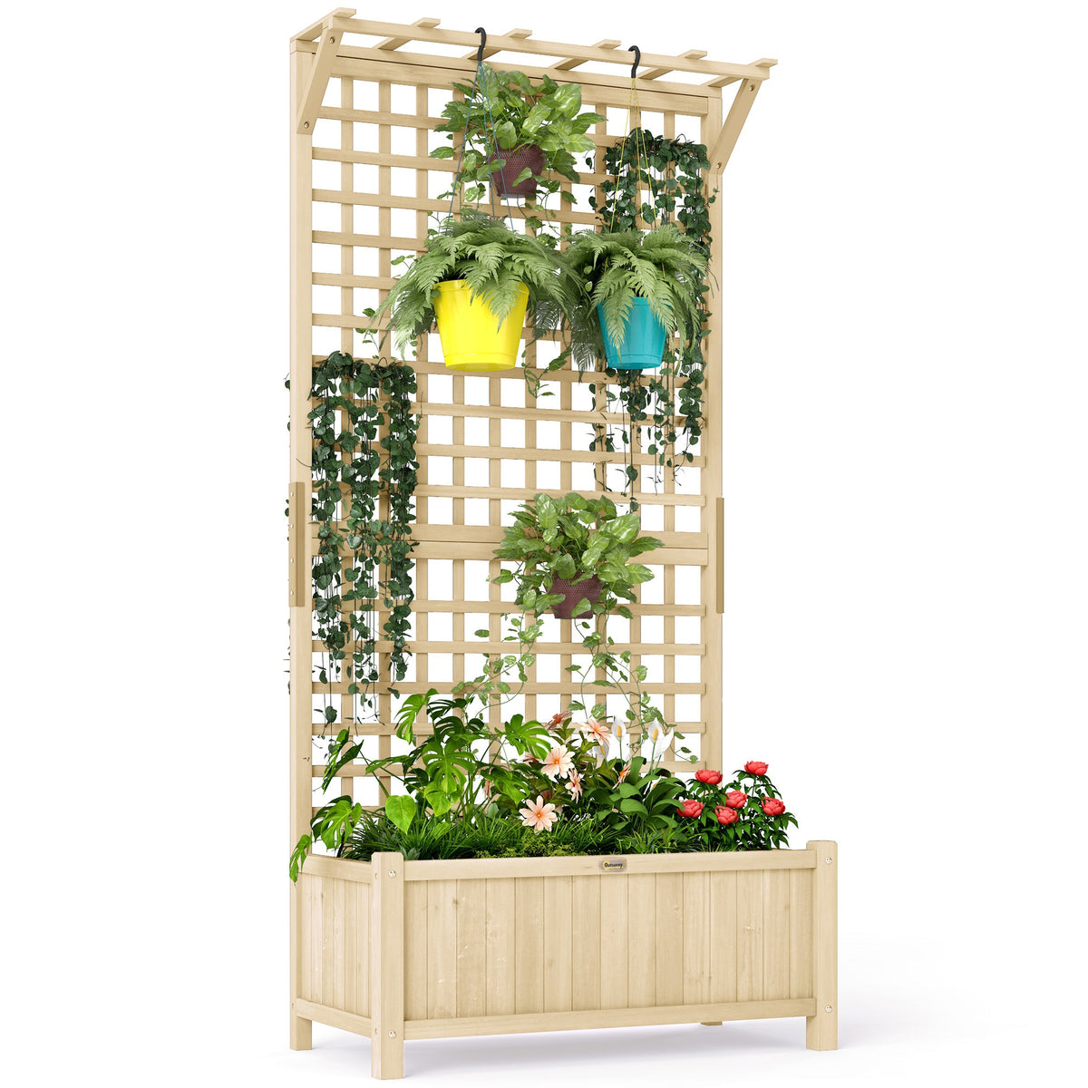 Raised Garden Bed, Wood Planter with Trellis for Vine Climbing, Privacy Screen Planter Box to Grow Vegetables, Herbs, and Flowers for Backyard, Patio, Deck, Natural Wood