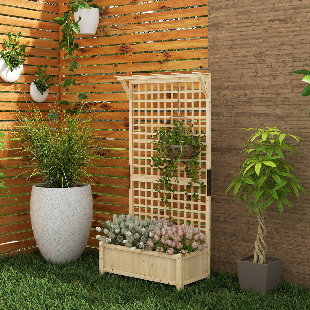 Raised Garden Bed, Wood Planter with Trellis for Vine Climbing, Privacy Screen Planter Box to Grow Vegetables, Herbs, and Flowers for Backyard, Patio, Deck, Natural Wood