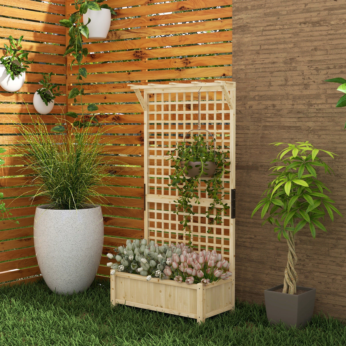 Raised Garden Bed, Wood Planter with Trellis for Vine Climbing, Privacy Screen Planter Box to Grow Vegetables, Herbs, and Flowers for Backyard, Patio, Deck, Natural Wood