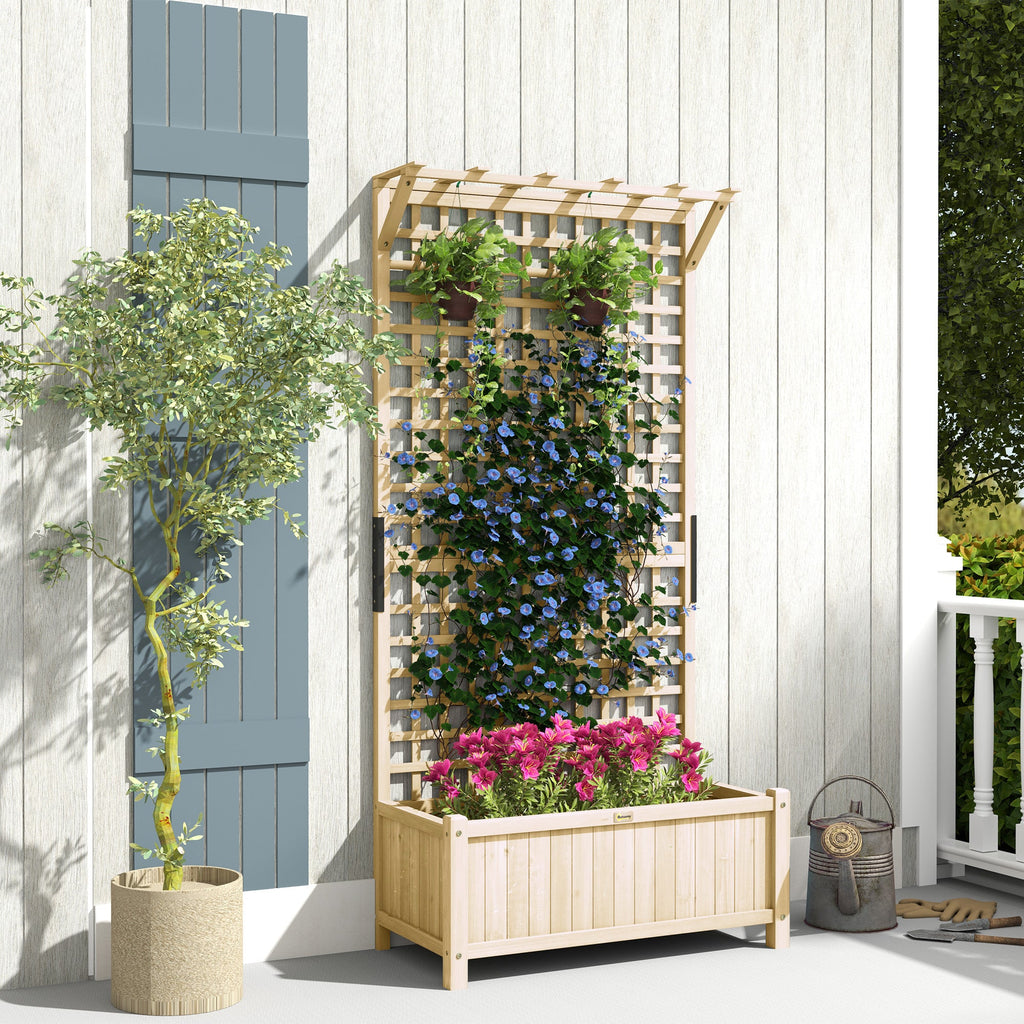Raised Garden Bed, Wood Planter with Trellis for Vine Climbing, Privacy Screen Planter Box to Grow Vegetables, Herbs, and Flowers for Backyard, Patio, Deck, Natural Wood