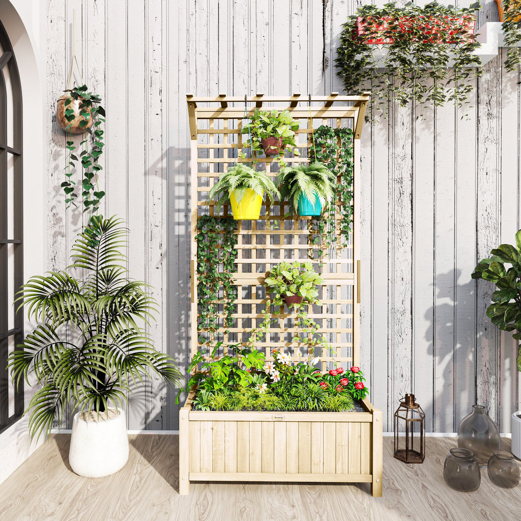 Raised Garden Bed, Wood Planter with Trellis for Vine Climbing, Privacy Screen Planter Box to Grow Vegetables, Herbs, and Flowers for Backyard, Patio, Deck, Natural Wood